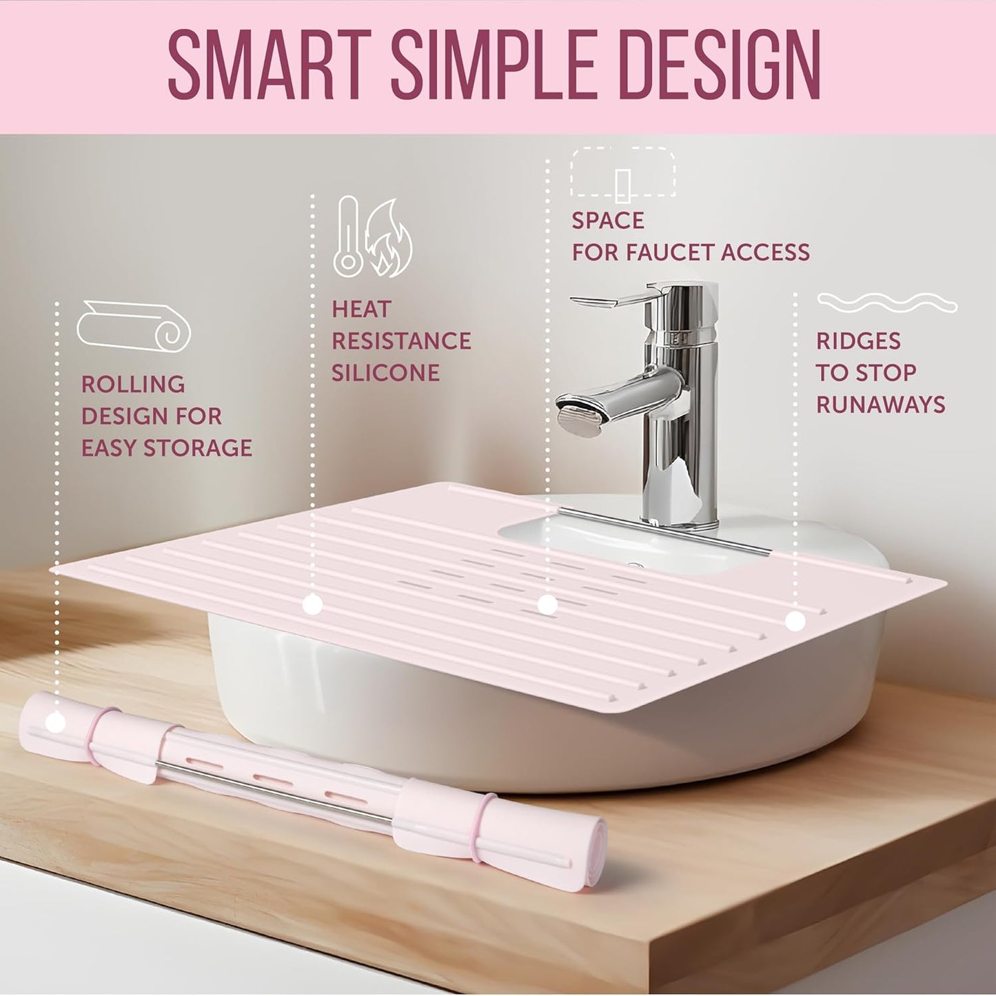 Bathroom Sink Cover for Counter Space, Heat Resistant Silicone Mat & Makeup Mat for Your Beauty Routine, Small Bathroom Space Saver Sink Cover for Makeup (Rose Pink, 22 x 2 x 2 Inches)