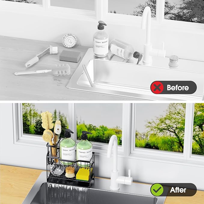 2-Tier Self-Draining Sponge Holder for Kitchen Sink - Rustproof Non-Slip Sink Caddy with Dish Brush Holder & Fits for Most Soap Dispensers - Black