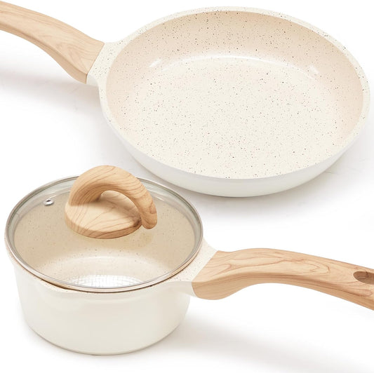 Pots and Pans Set Non Stick, Healthy Ceramic Cookware Set, 3pcs Kitchen Pots Frying Pan Saucepan, PFAS-Free, Cream