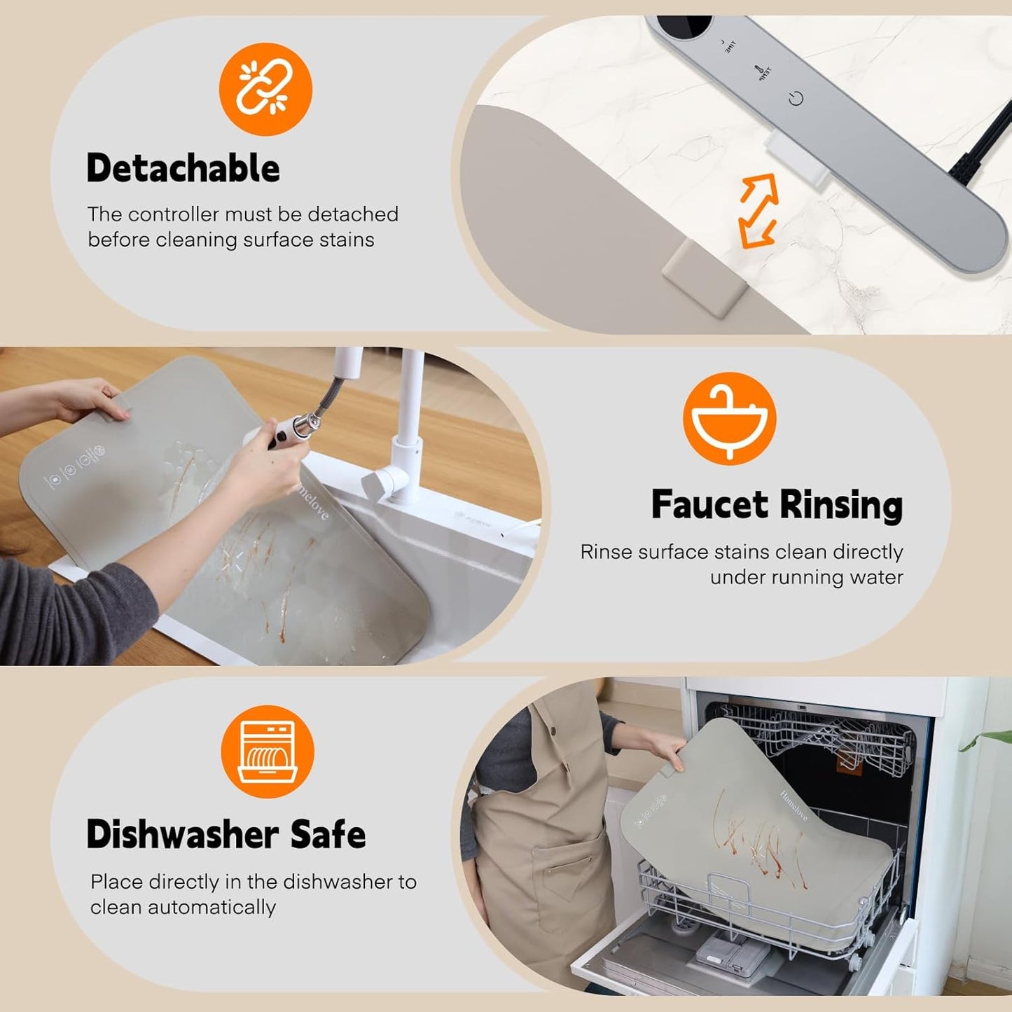 Homelove Food Warming Mat Waterproof - Electric Warming Tray with 6-Level Temperature and Hours Setting, Full Surface Graphene Heating, Dishwasher-Friendly Food Warmer Mat for Parties, Kitchen (Khaki)