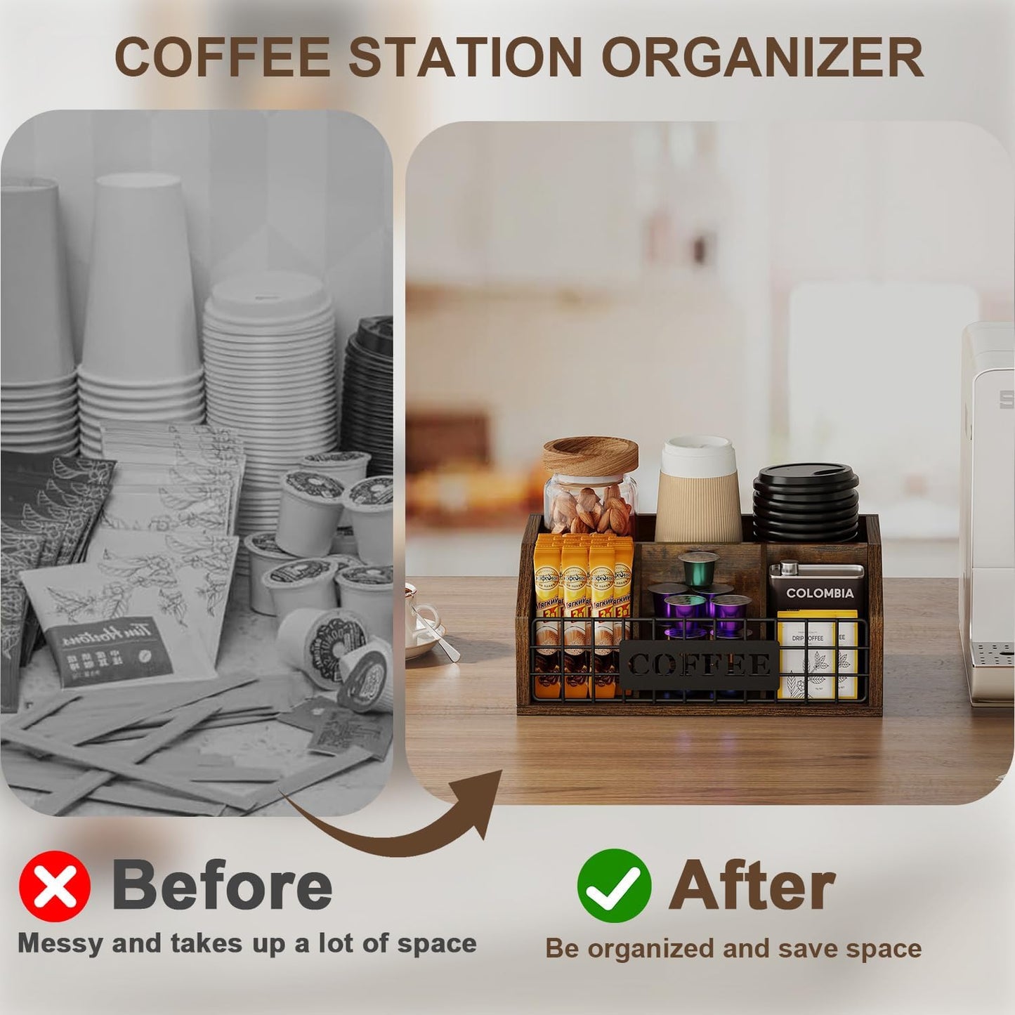 YINMIT Coffee Station Organizer for Countertop, Wood Coffee Bar Organizer with Removable Dividers for Pods, Syrup, Cups, Stirrer, Tea - Office Bar Accessories, Iron Wire-Vintage Brown