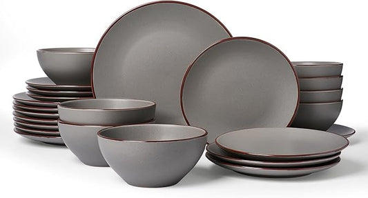 Famiware Venus Ceramic Plates and Bowls Sets, Speckled Dinnerware Dish Sets for 8 (24 Pieces) - Microwave and Dishwasher Safe, Matte Dark Grey