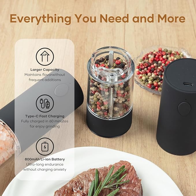 2 Pack Electric Salt and Pepper Grinder Set - USB Rechargeable Automatic Salt Pepper Mill Shaker with LED Light, Adjustable Coarseness, One Hand Operation
