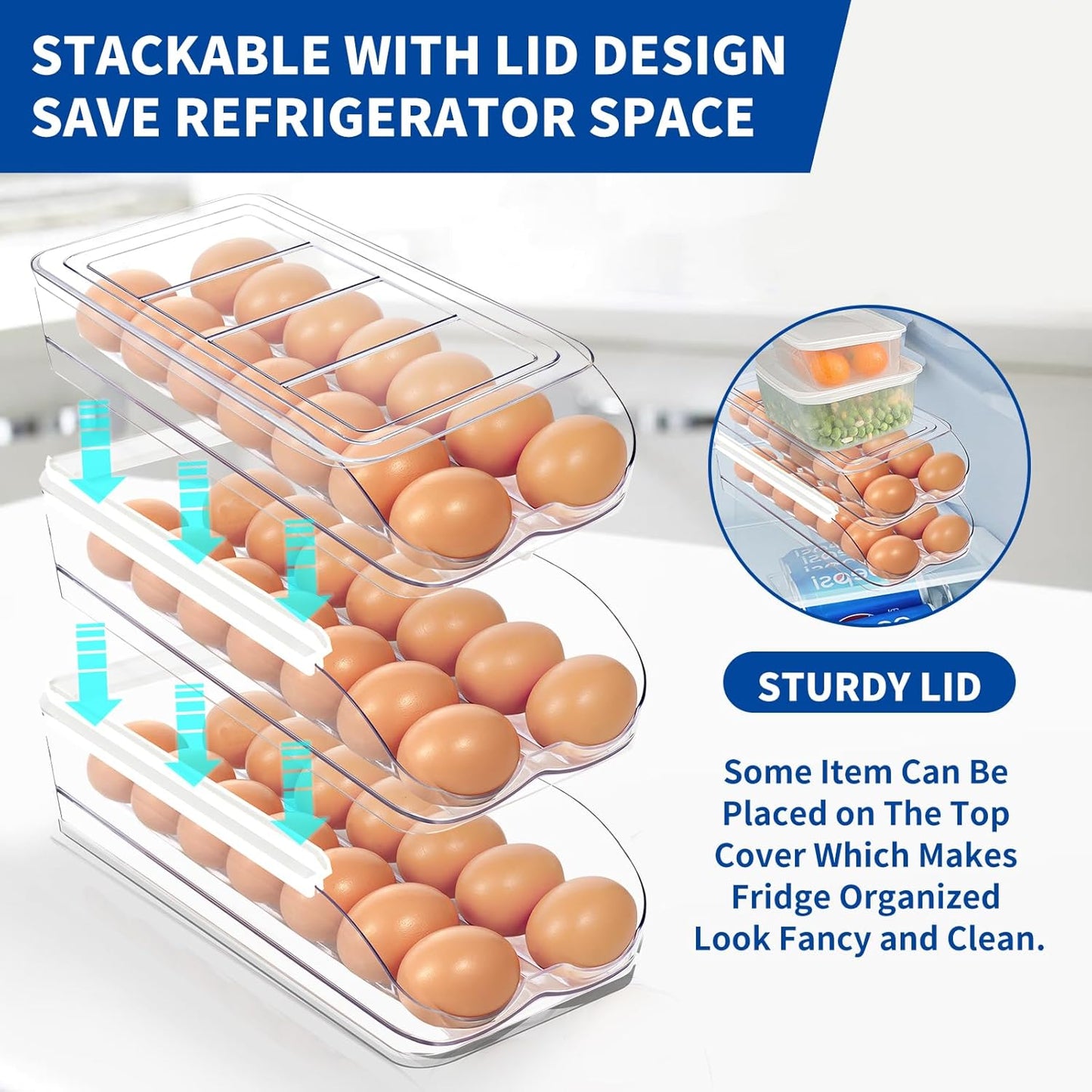 Egg Holder for Fridge, Automatic Rolling Egg Organizer for Refrigerator, Clear Plastic Egg Container & Tray, Stackable Dispenser and Storage Bin with Sturdy Lid to Saving Space -3 Layer