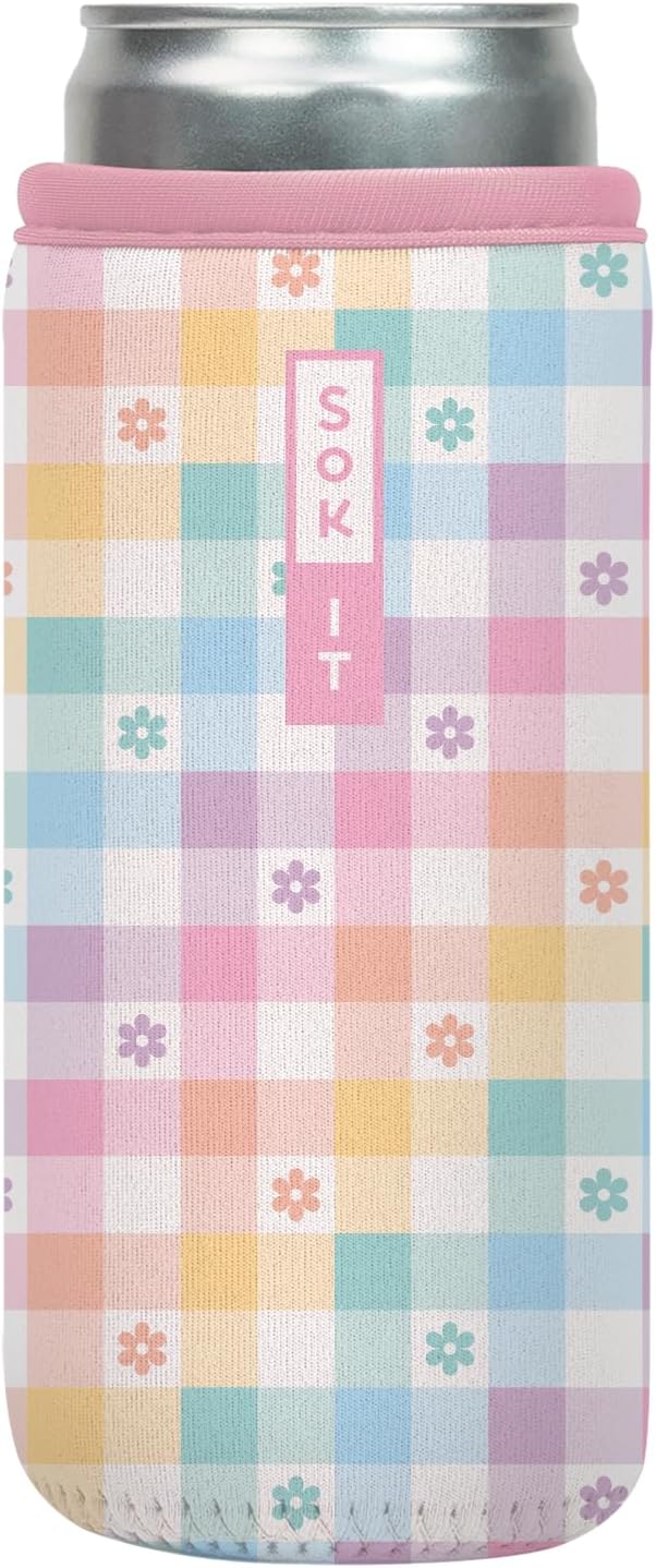 Sok It CanSok Sleeve for Beer & Soda Insulated Neoprene Cover (Gingham Flowers, 12oz Slim Can Sleeve)