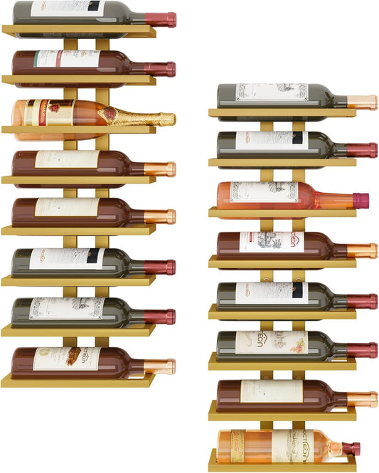 Hoctieon 2-Set 8 Tier Wall Mount Wine Rack (16 Tiers), Wall Racks for Wine Bottles Display and Storage, Hanging Bottle Organizer for Living Room, Dining Room, Wine Cellar, Bar, Gold