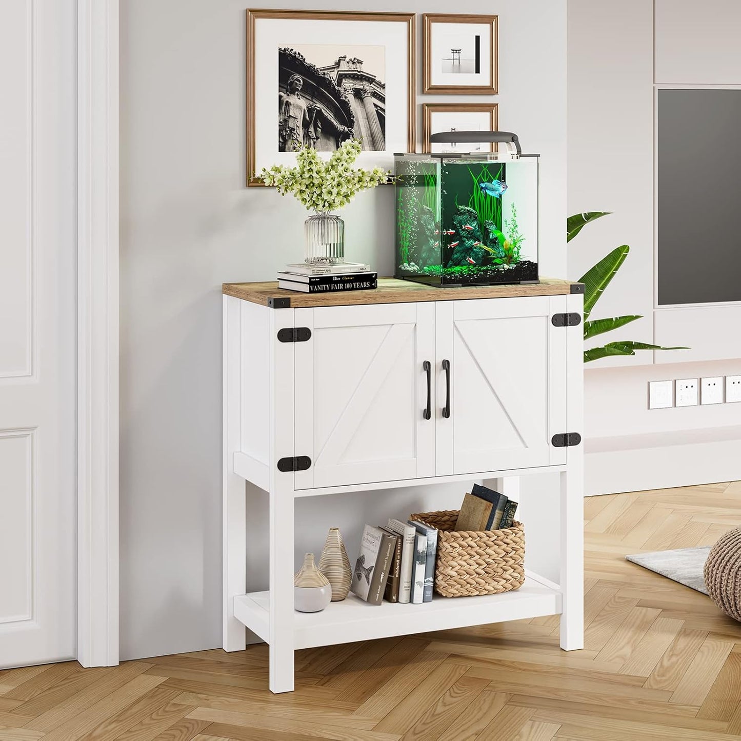 Console Table Coffee Bar Cabinet Sofa Table,31.5 L x 13.8 D x 34.65 H,Entryway Table with 2 Storage Cabinets, Farmhouse Buffet Sideboard for Kitchen, Foyer,Hallway (White)