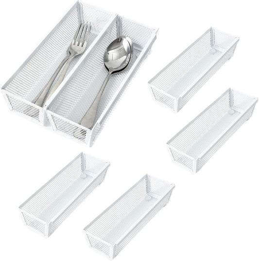 Mesh Tray Kitchen Drawer Utensil Cutlery Tray Office Supplies with Inter-locking Arm Drawer Dividers Organizer for Silverware, Flatware, Home,Office, School,Bedroom(9＂X3＂6pack) White