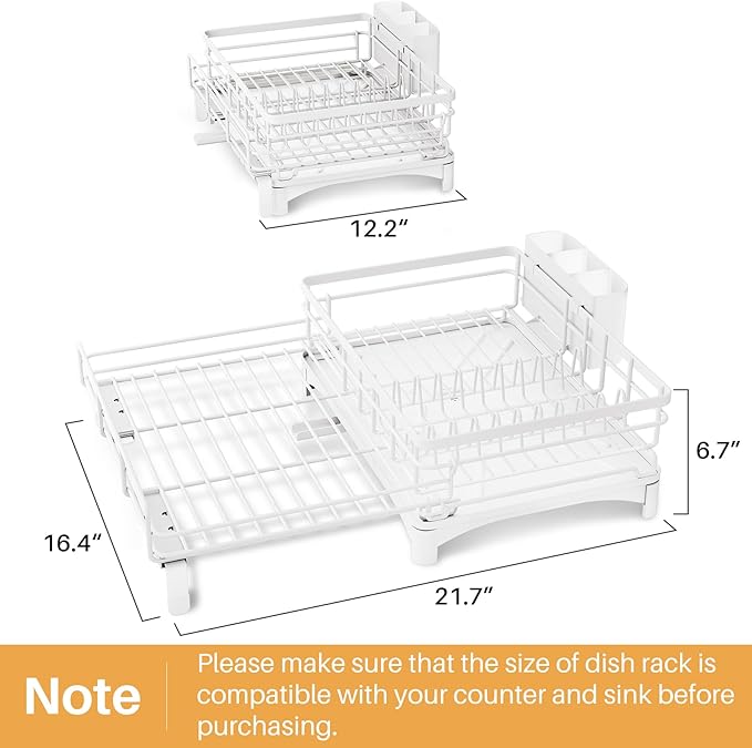 SNTD Dish Drying Rack - Extendable Dish Rack, Large Sink Drying Dish Drainer for Kitchen Counter, Stainless Steel Dish Strainer with Utensil Holder (White)