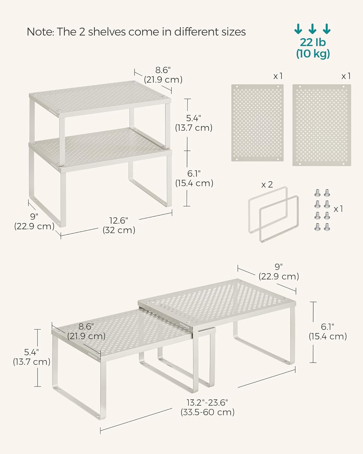 SONGMICS Spice Racks, Set of 4 Metal Cabinet Shelf Organizers, Countertop Organizers, Shelf Risers, Stackable, Expandable, Oatmeal Beige UKCS006K01