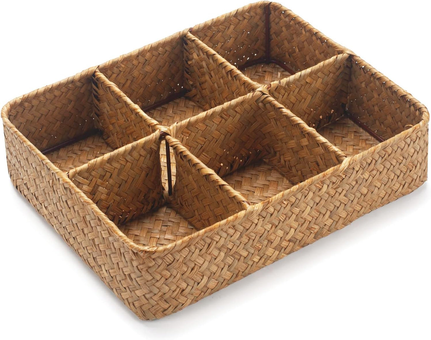 Tea Bag/Sugar Packet Holder, Coffee Station Condiment Organizer, Seagrass Storage Basket, Wicker Rattan Divided Basket Organizer for Drawer/Shelf/Countertop