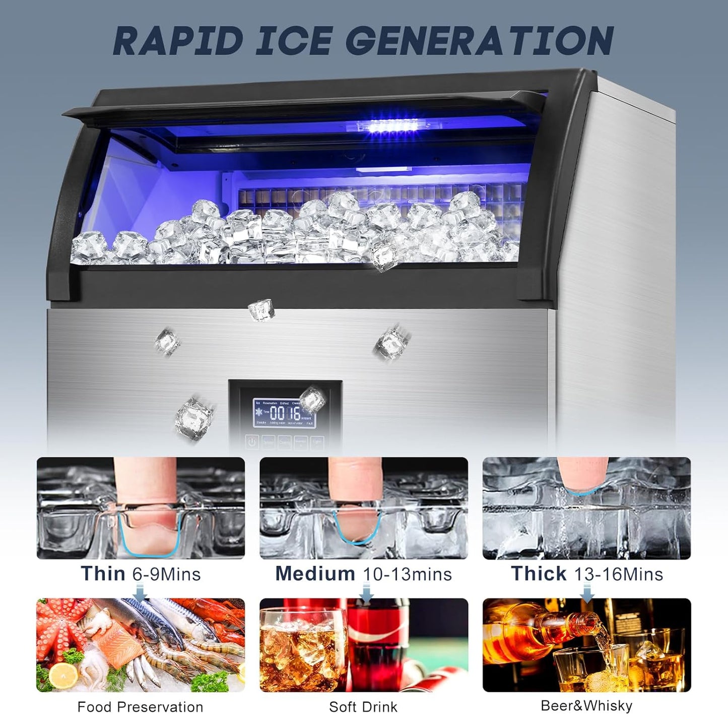 350 Lbs/24H Commercial Ice Maker – 80 Lbs Storage Bin, 126 Ice Cubes Per Cycle – Stainless Steel Undercounter/Freestanding Design, Perfect for Home, Bar, and Outdoor Use, Self-Cleaning Function