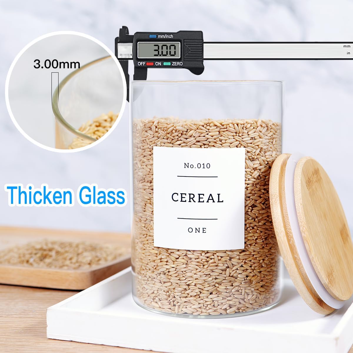 3 Pcs Glass Canisters with Airtight Bamboo Lids and 42 Kitchen Pantry Labels Preprinted - Clear Glass Flour and Sugar Storage Container Set - Large Glass Jars with Wood Lids(100 OZ/54 OZ/27 OZ)