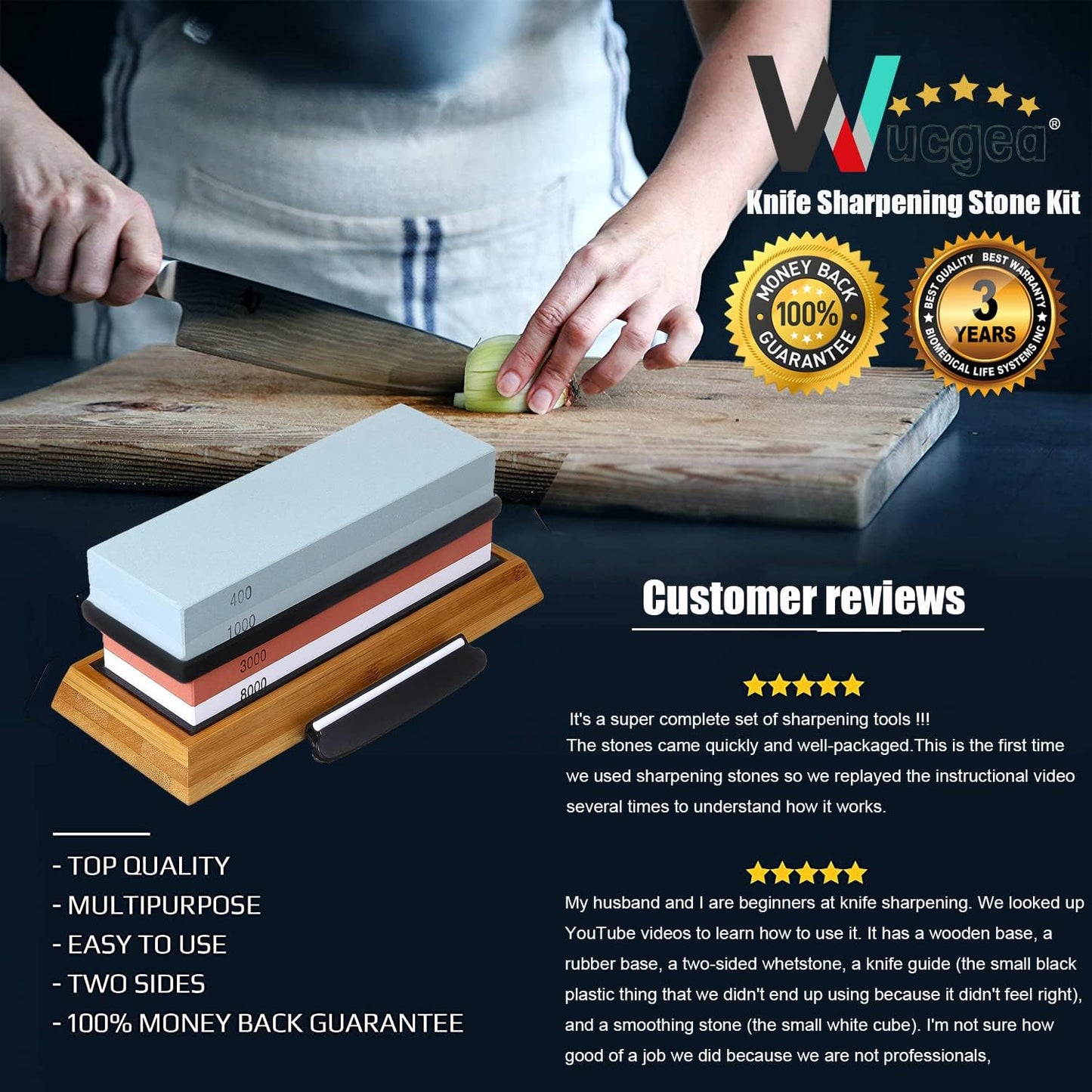 Knife Sharpening Stone Kit – 400/1000 3000/8000 Grit Wet Kitchen Whetstone Knife Sharpener Set with Non-slip Bamboo Rubber Base, Angle Guide, Flattening, Leather Strop and Cut Resistant Gloves