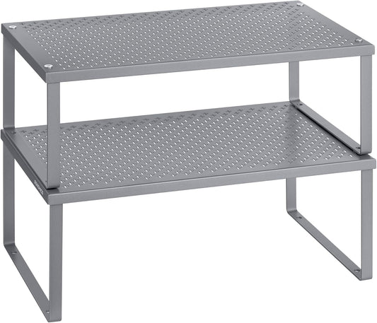 SONGMICS Spice Racks, Set of 2 Metal Cabinet Shelf Organizers, Countertop Organizers, Shelf Risers, Stackable, Expandable, Silver UKCS401G01