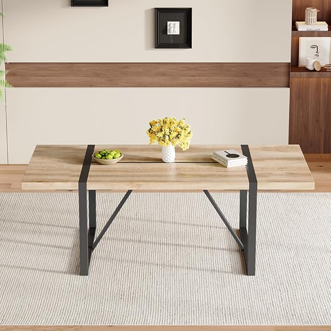 86.6" Light Wood Dining Table, Modern Large Rectangle Wood Table with Natural Wood Grain Finish, Sturdy Dining Room Table for 6-10 People, Ideal for Home, Apartment, or Office Use