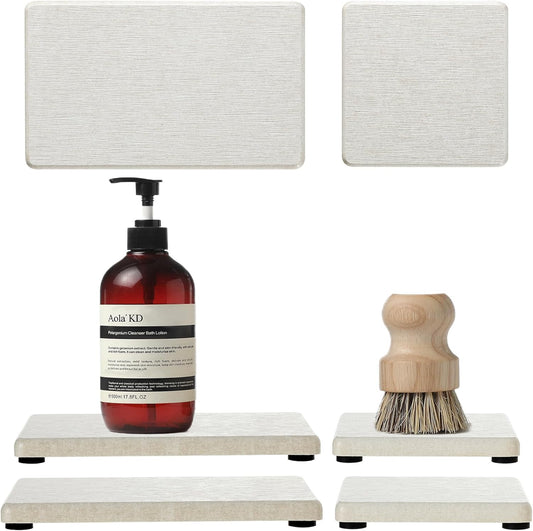 4PCS Bathroom Sink Vanity Trays, Diatomaceous Earth Quick Stone Drying Mat Kitchen Counter Dish Soap Dispenser Sponge Holder, Water Absorbing Caddy Organizer for Bottle & Cup, Beige