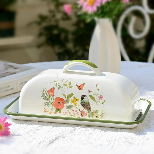 Enamel Butter Dish with Lid Vintage Enamelware Butter Keeper with Flower and Bird Patterns Farmhouse Butter Container Butter holder for Countertop Kitchen Decor
