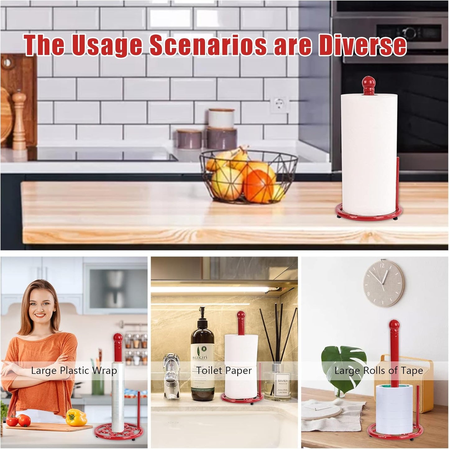 Vintage Red Cast Iron Paper Towel Holder - Weighted Base, One-Handed Tear for Kitchen Countertops