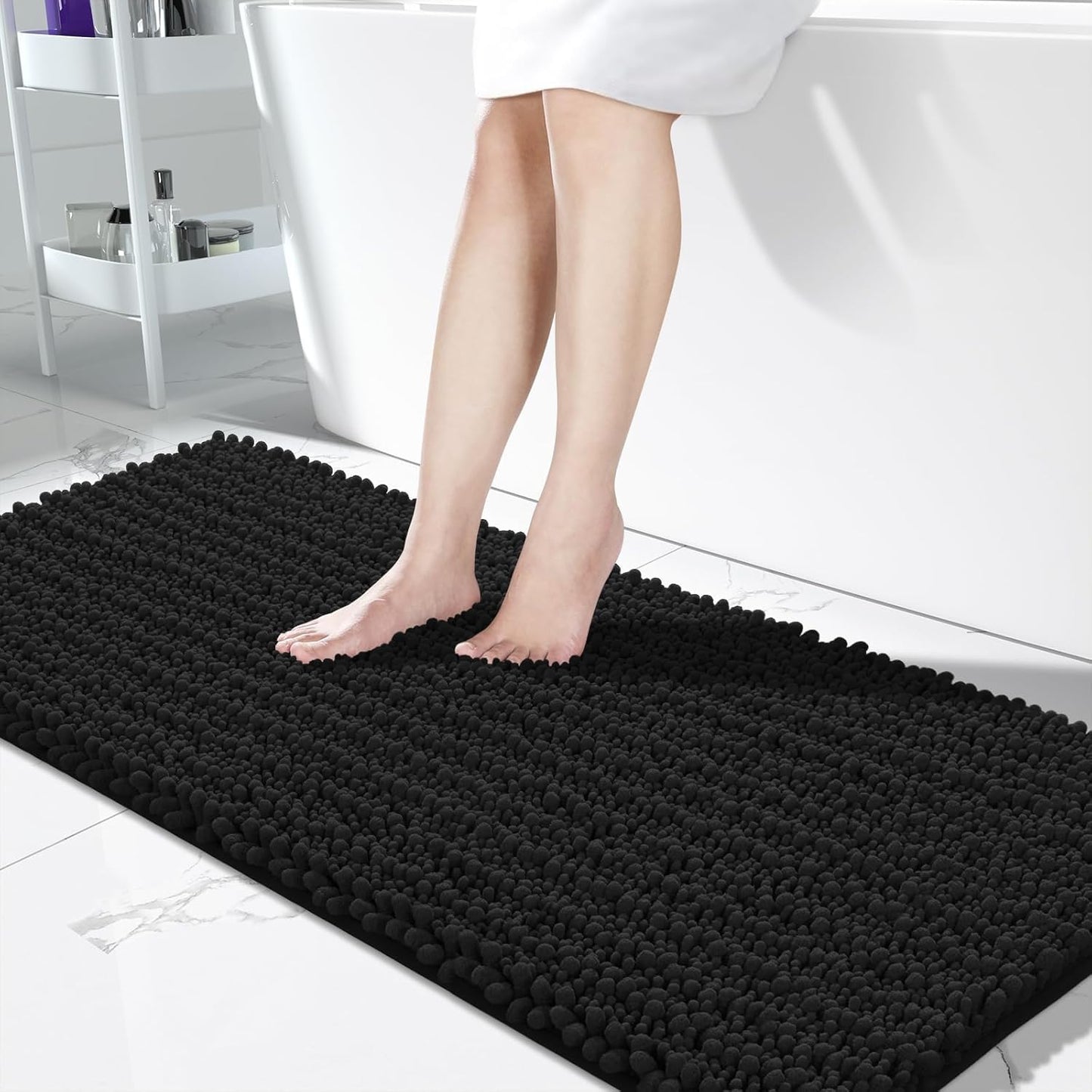 Yimobra Bathroom Runner Rug 60x24 Inch - Extra Long Non Slip Chenille Bath Mat, Soft & Absorbent, Machine Washable Shaggy Hallway Carpet for Vanity Tub Shower, Black Home Decor Accessories