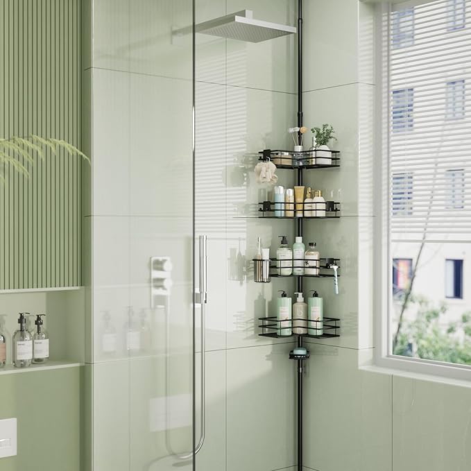 HapiRm Corner Shower Caddy Organizer - Shower Organizer Corner with Soap Holder, Toothbrush Holder and 4 Hooks, Rustproof Bathroom Shelf Tension Pole Available for 27.6 to 108.3 Inch - Black