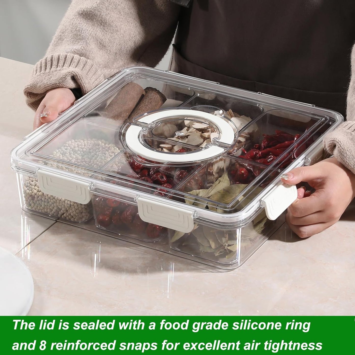 Taiuloo Divided Serving Tray with Lid & Handle, Airtight 6 Compartment Snackle Box Charcuterie Container, Fridge Organizer Bins, Food Storage Container Veggie Tray for Snack, Fruit, Candy, Nuts