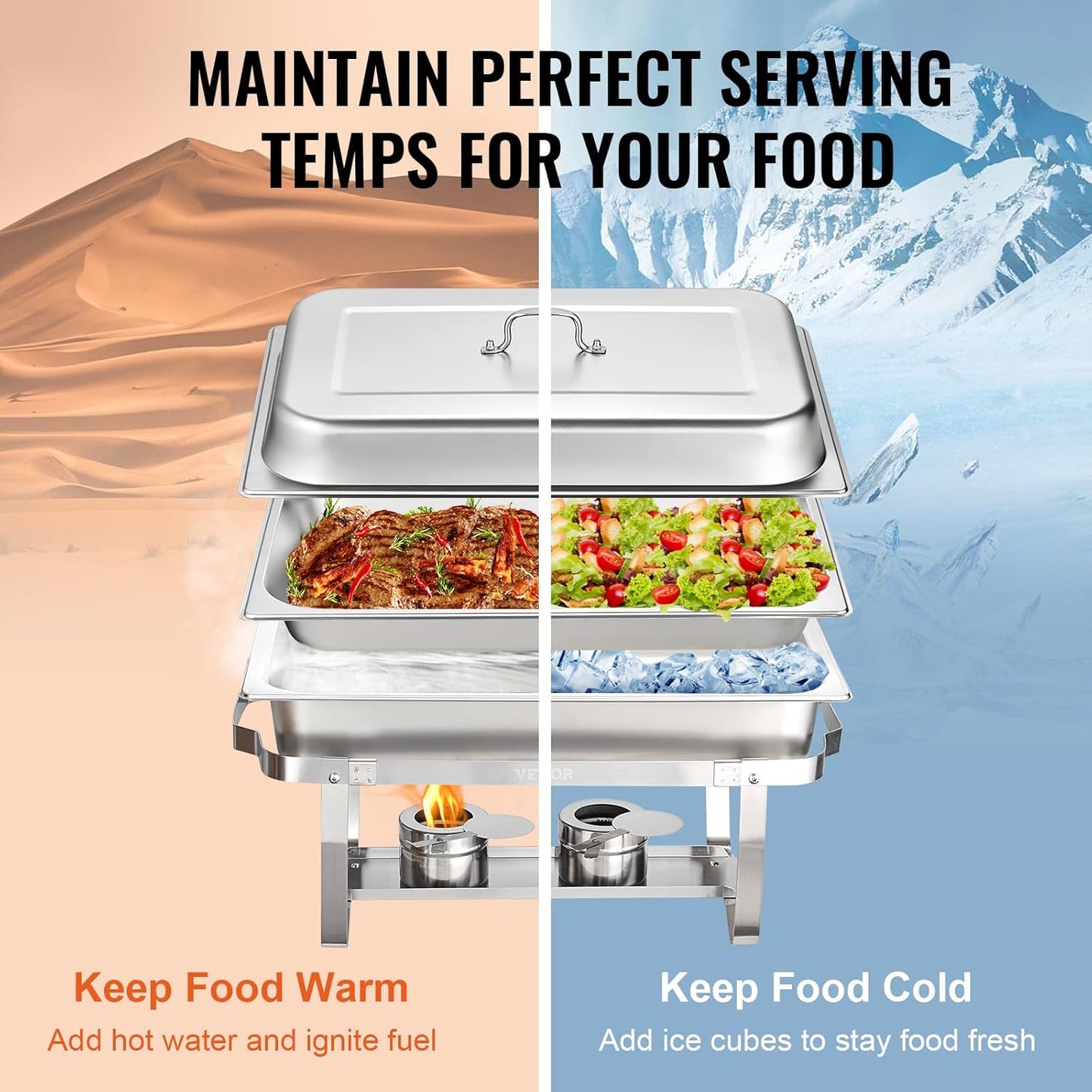 VEVOR Chafing Dish Buffet Set, 8 Qt 2 Pack, Stainless Steel Chafer with 2 Full Size Pans, Rectangle Catering Warmer Server with Glass Lid Water Pan Folding Stand Fuel Holder, for Wedding Party Banquet