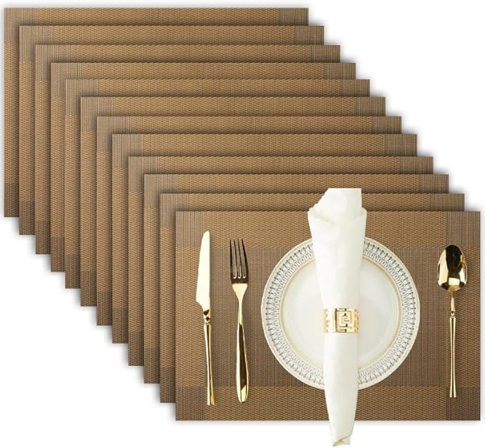 Brown Placemats Set of 12-Durable PVC Vinyl Woven Place Mats for Dining Table Heat Resistant Non-Slip Washable Indoor/Outdoor Table Mats 12 x 17 inch