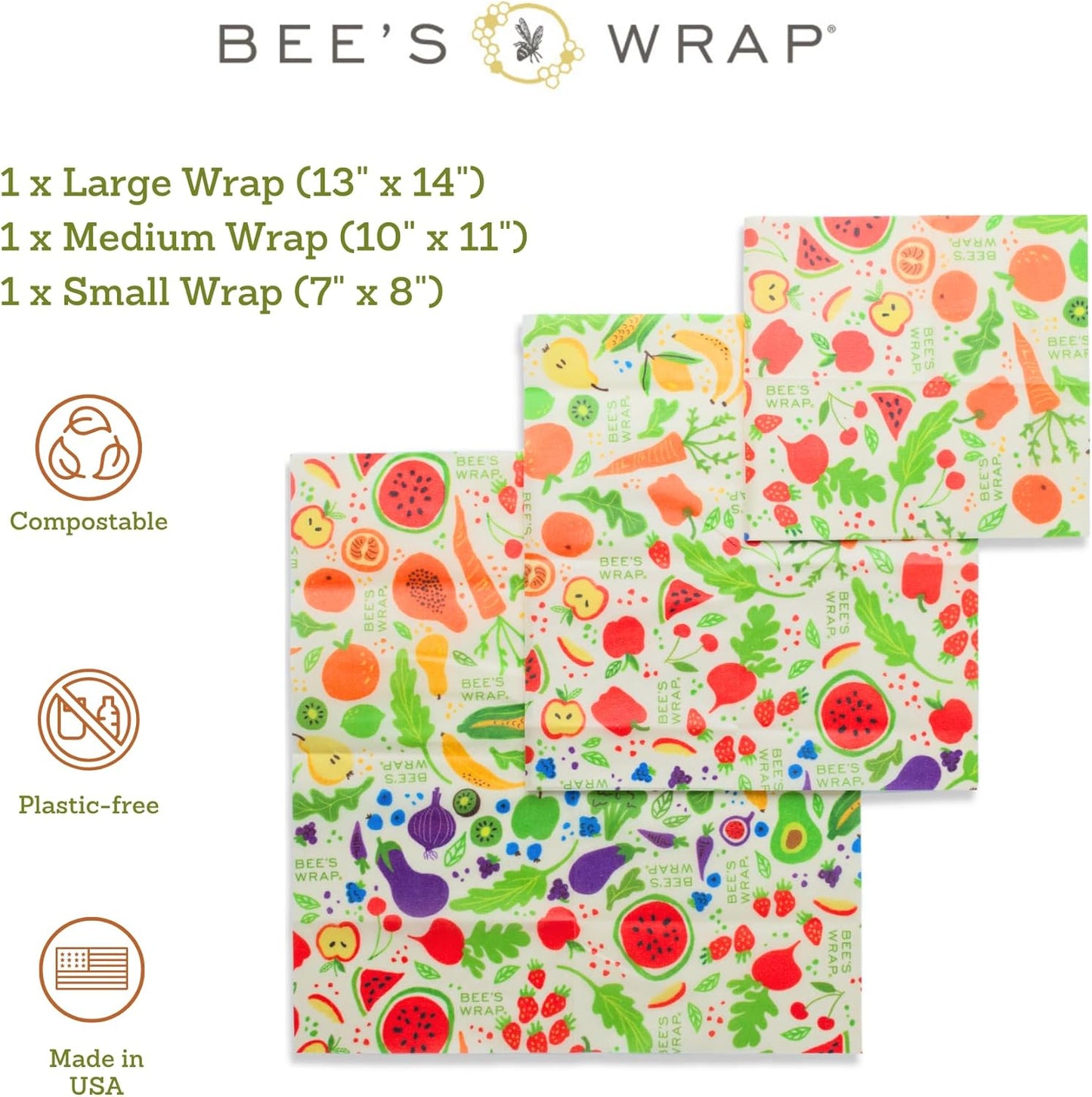 Bee's Wrap Beeswax Wraps for Food - Garden Party 3 Pack (S, M, L) Made in USA Reusable & Organic Food Wraps, Sandwich Wrap & Bowl Covers - Eco-Friendly Alternative to Aluminum Foil & Plastic Wrap