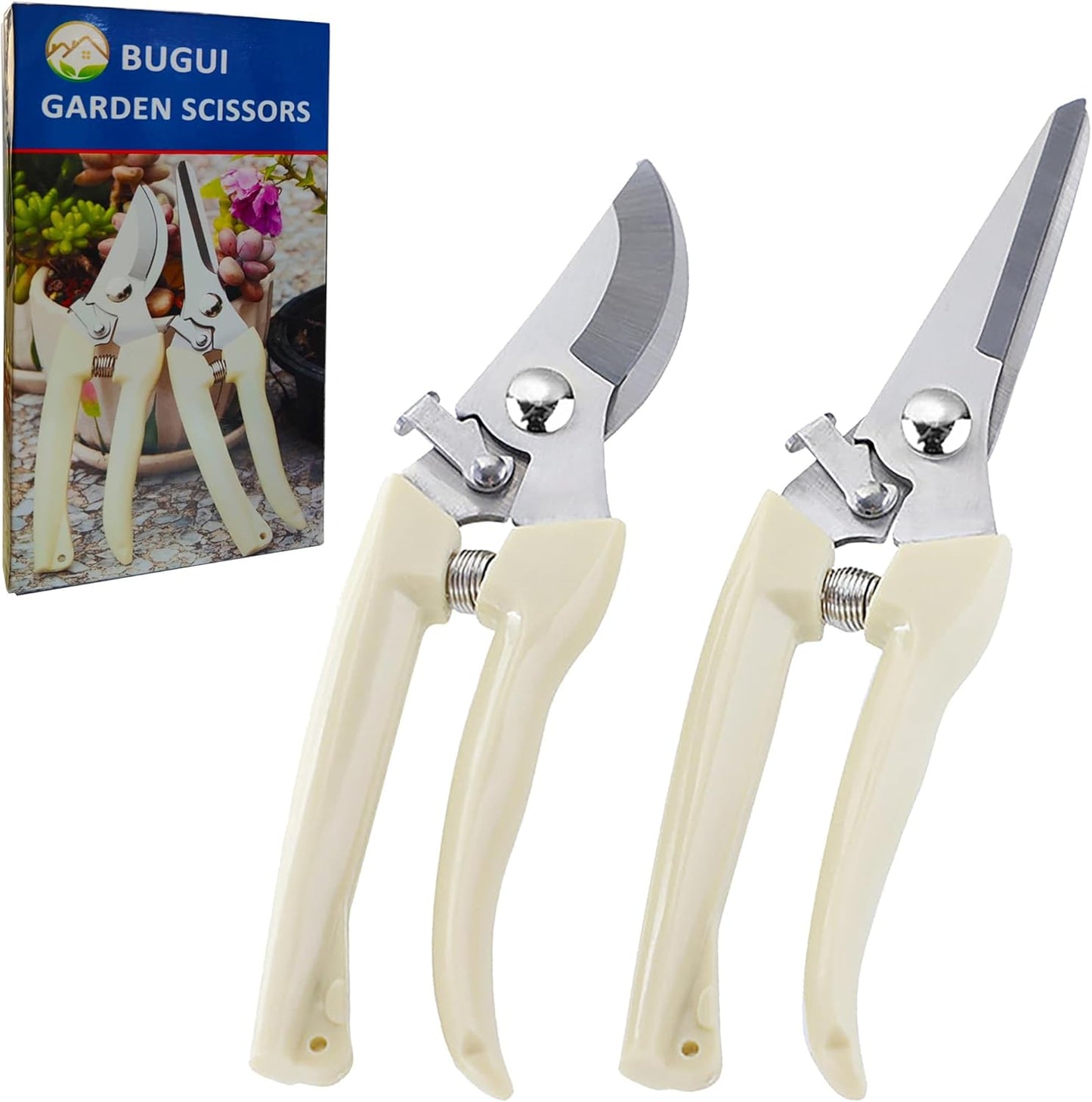 BUGUI Garden Shears Set of 2, Includes 1 Bypass Pruning Shears and 1 Straight Blade Garden Scissors, Sharp, Lightweight