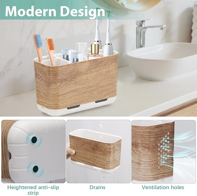 Boperzi Toothbrush and Toothpaste Holder Wood Grain for Bathroom Countertop with Adjustable Dividers, Toothpaste Caddy Organizer Storage Rustic Decor Set Freestanding Anti-Slip for Shower,Family,Kids