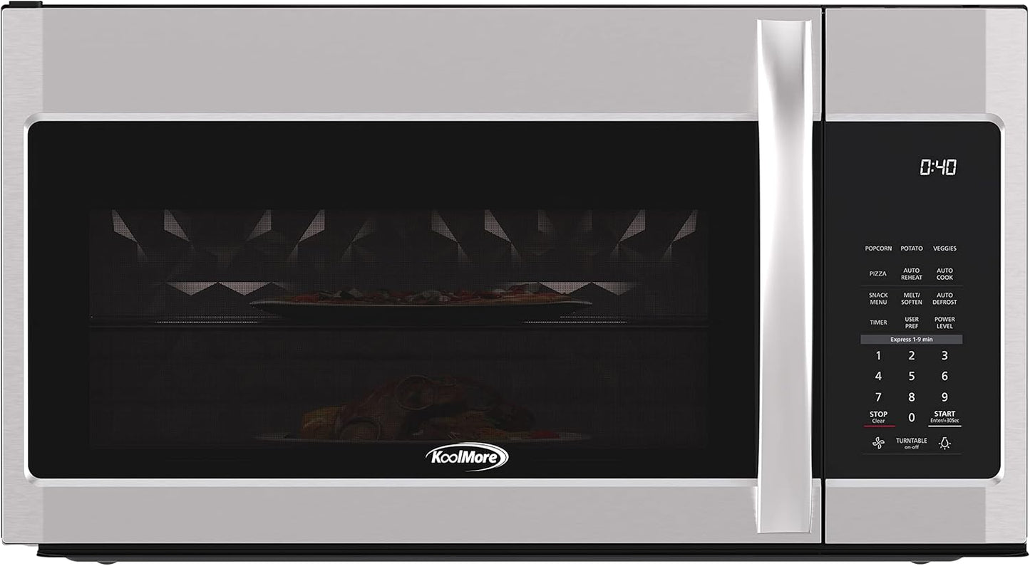 KoolMore KM-MOT-2SS Range Microwave Oven Lamp and 300CFM Recirculation Vent Hood, Auto Cook Menus, Reheat Function, 11 Power Levels, Timer, and Weight Defrost, 30 in/1.9 Cu. Ft, Silver