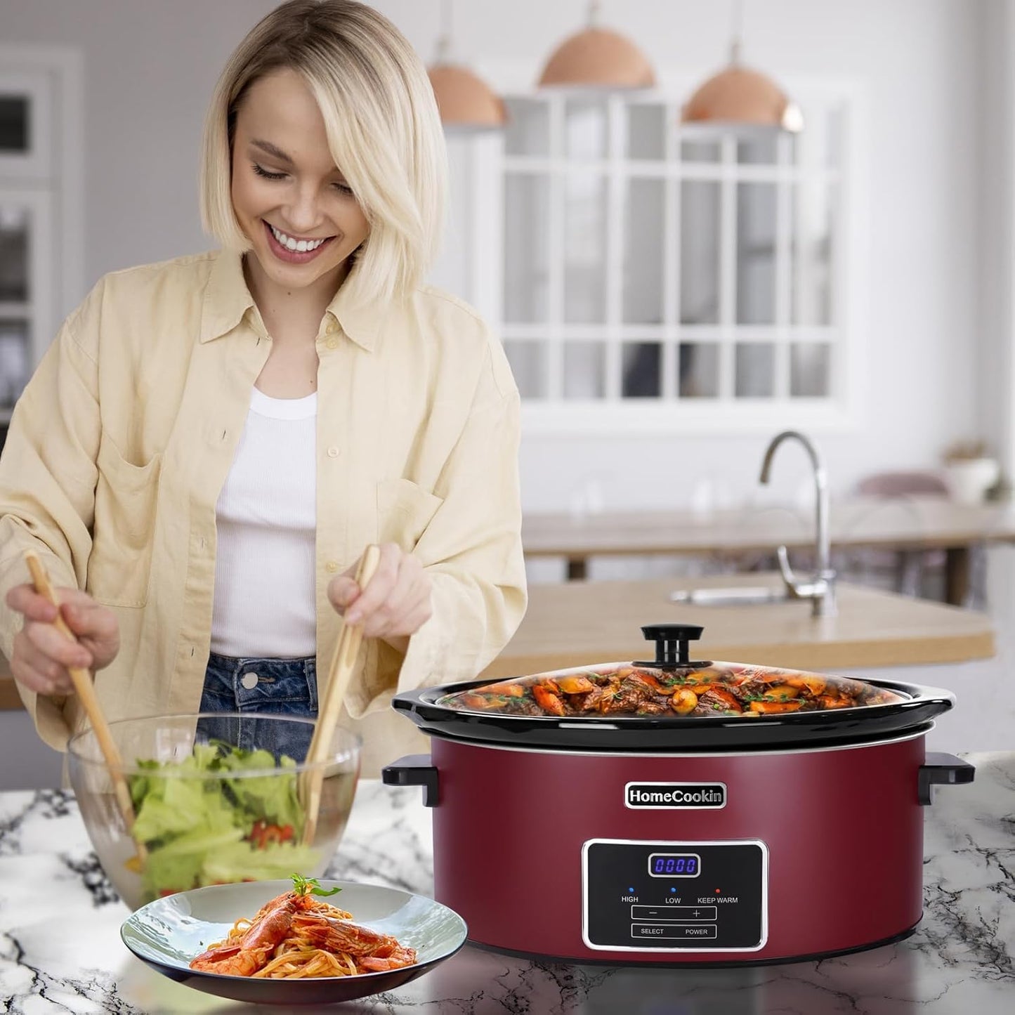 HOMECOOKIN 6 Quart Programmable Slow Cooker, Kitchen Appliances, Perfect Kitchen Small Appliance for Family Dinners, Red Stainless Steel