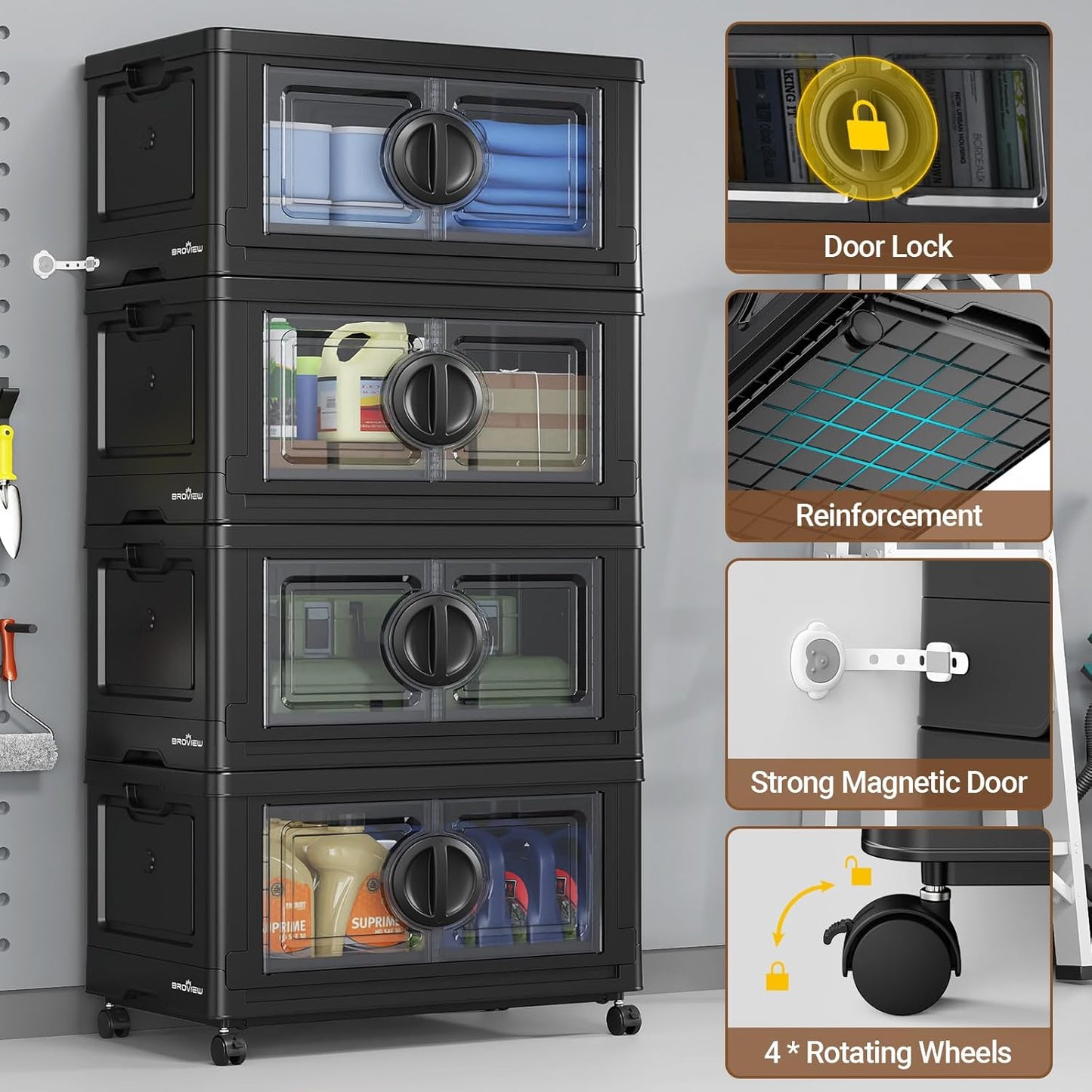 480Qt Lockable Stackable Storage Bins with Lids, Closet Organizers and Storage Drawer, Collapsible Storage Bin with Wheels, Plastic Cabinet for Toy Clothes Dorm Organizer, V9 4 Pack Black