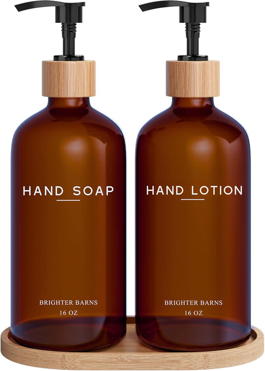 Amber Glass Soap and Lotion Dispenser Set with Tray by Brighter Barns - Hand Soap Dispenser Bathroom Set - Glass Bottles with Pump - Bamboo Home Accessories & Modern Bathroom Decor for Airbnb (Amber)
