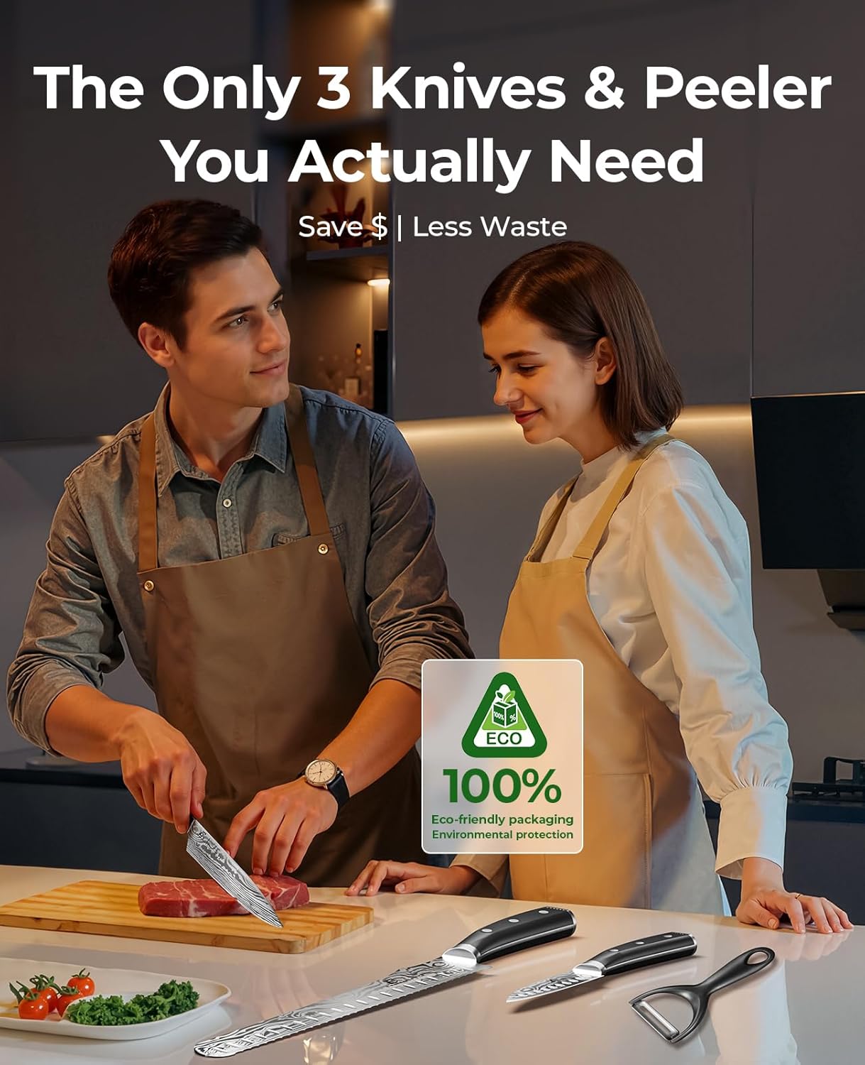 Essential Chef Knife Set, Professional Damascus Pattern Kitchen Knives Set 4 Pcs without Block, German Stainless Steel Sharp, for Bread, Meat Cutting, Fruits, Vegetable, Bbq, Home Cooking, Gift Box