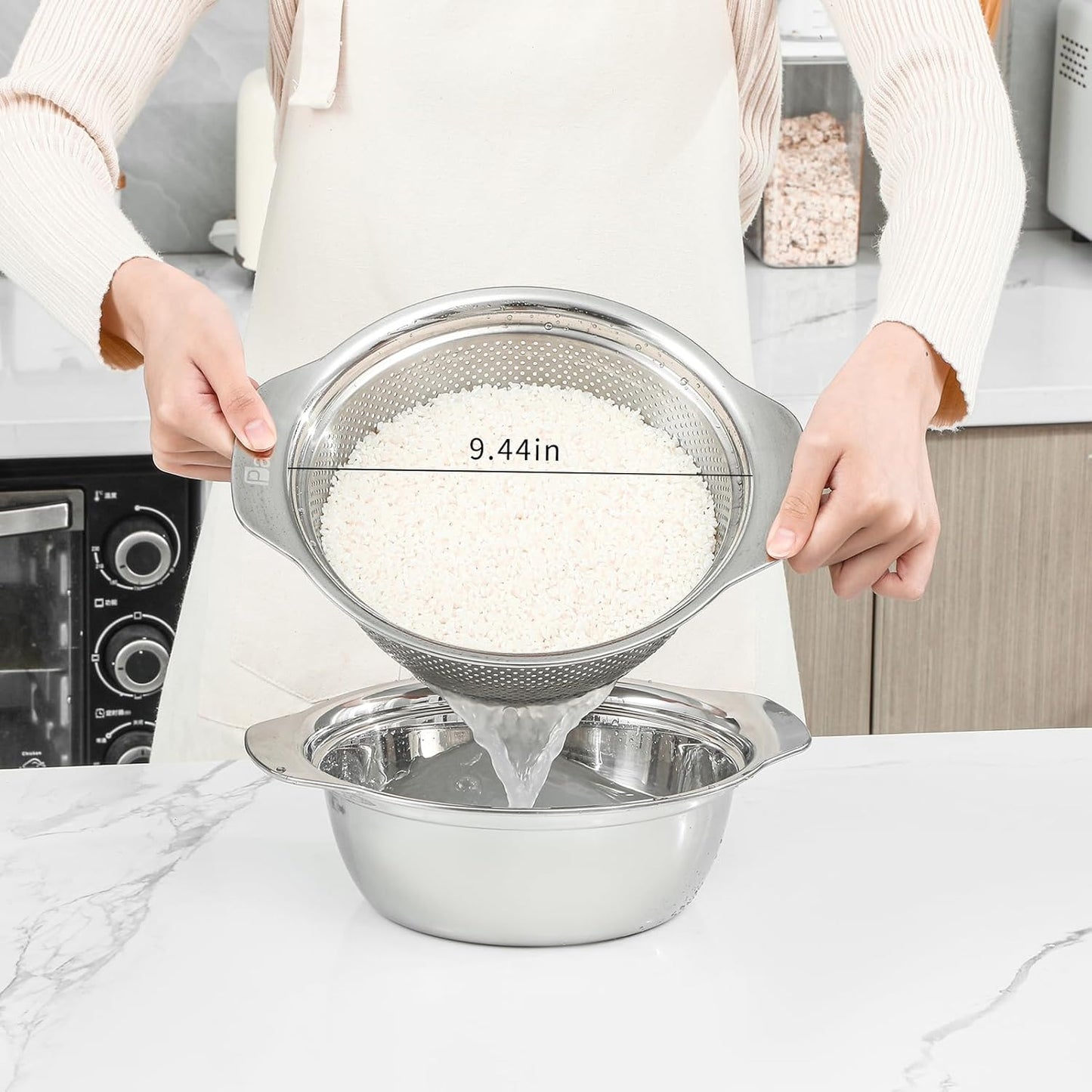 304 Stainless Steel Microporous Colander with Handle, Rice Washers Microporous Strainer Set For washing vegetables, fruits and rice, and draining cooked pasta.