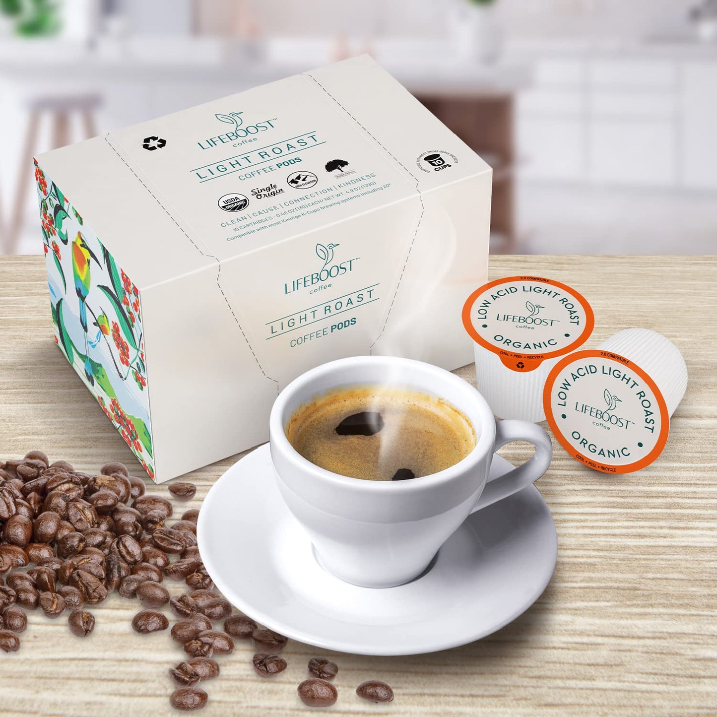 Lifeboost Light Roast Low Acid Coffee Pods - Single Origin Non-GMO Organic Coffee K Cups - Compatible with Keurig & Keurig 2 Machines - 10 Count