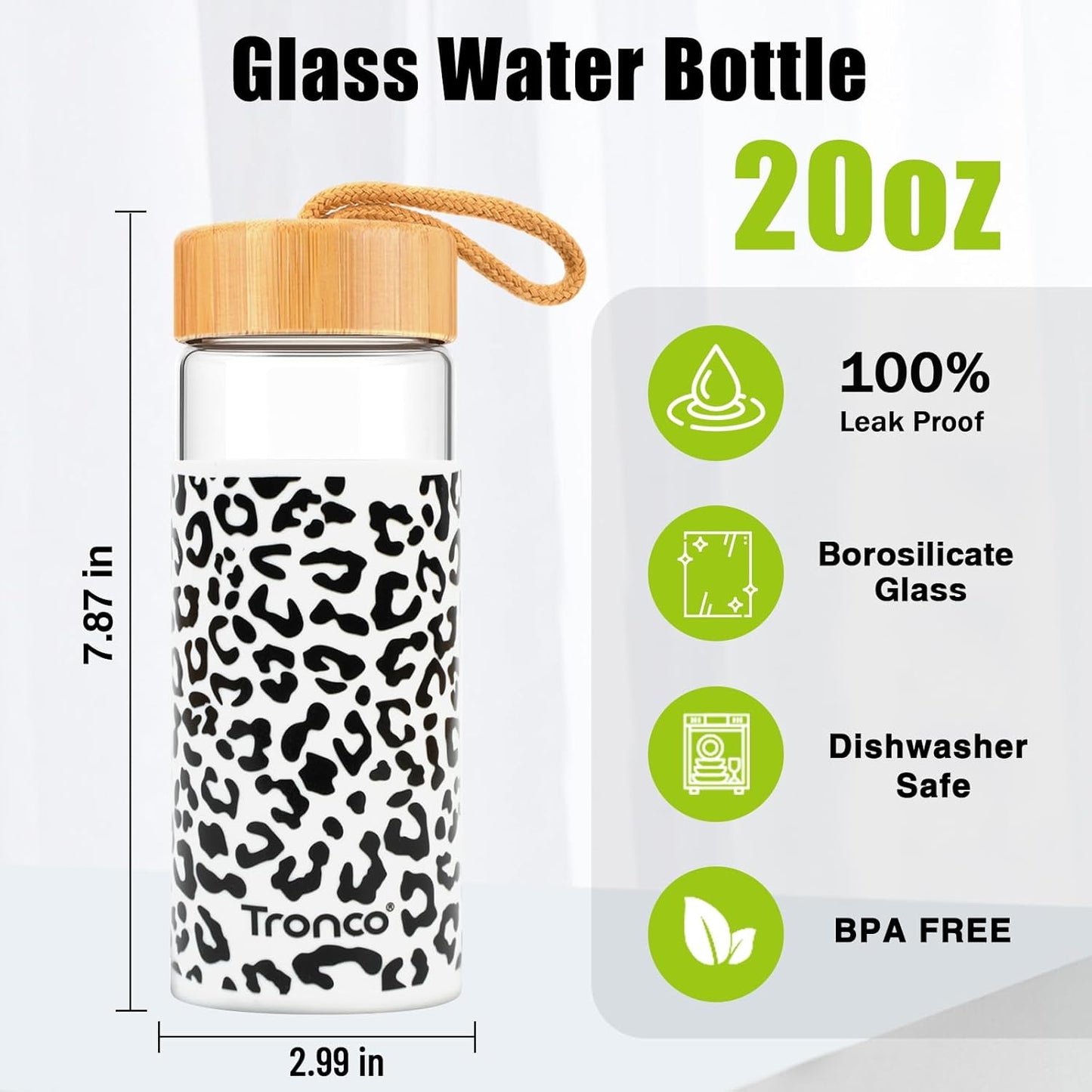 Tronco 20oz Borosilicate Glass Water Bottle with Bamboo Lid, Non-Slip Silicone Sleeve, Leak-Proof and Reusable Glass Bottle Perfect for gifts,Travel, Gym, and Everyday Use, BPA-Free, Dishwasher Safe