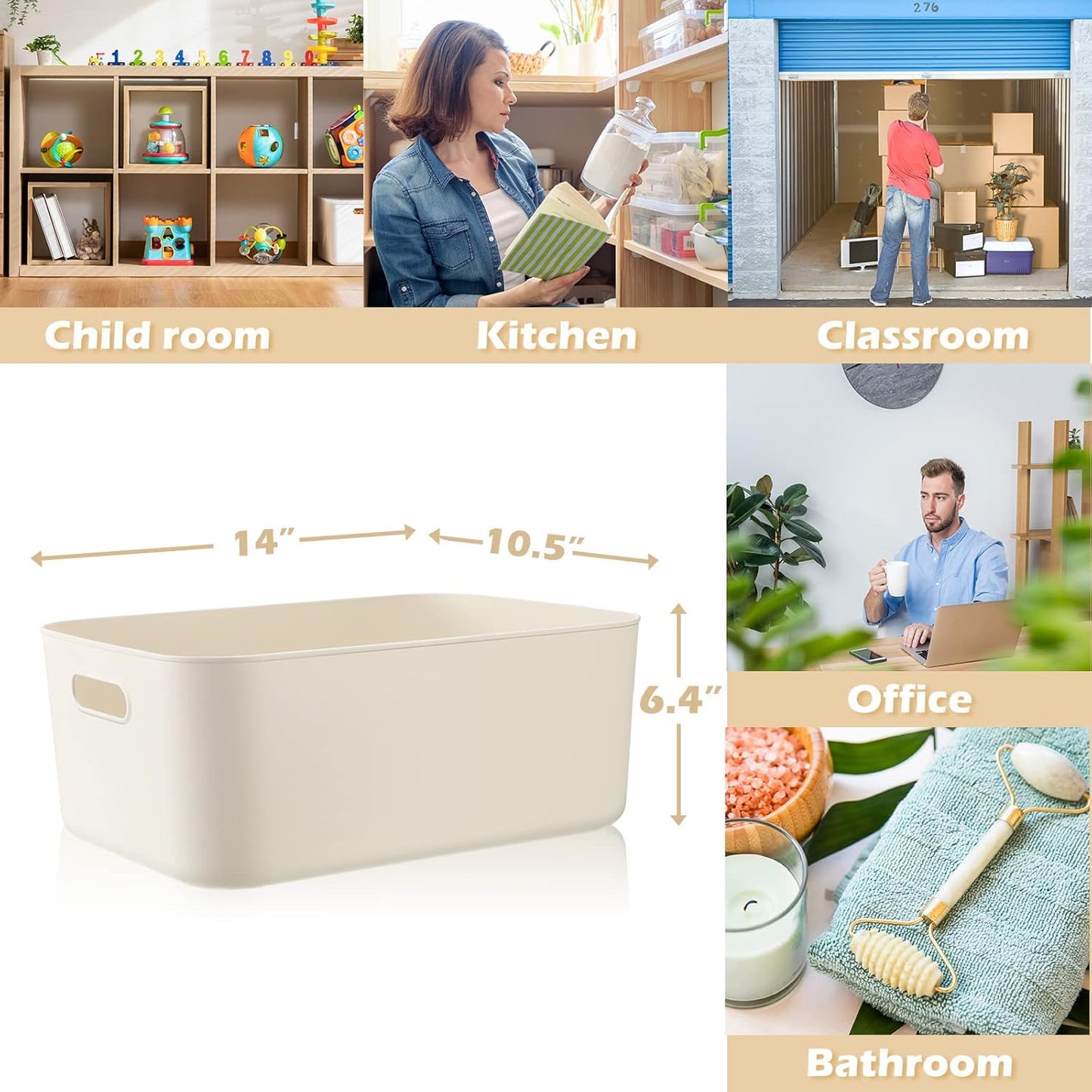 Zopeal Plastic Storage Bins 10 Pcs White Pantry Organizer Bins Small Baskets Storage Containers for Home Kitchen (14 x 10.5 x 6.4 Inch)