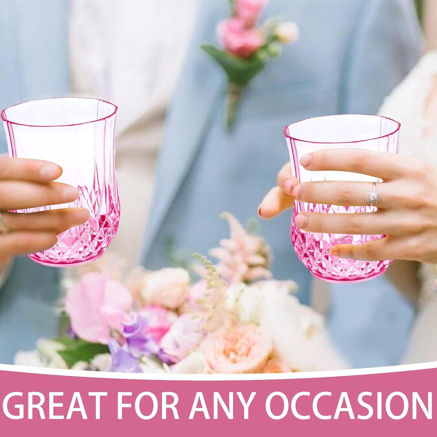 12 PCS Pink Stemless Wine Glasses，Colored Plastic Reusable Cups 9OZ Vintage Drinking Glasses Tumblers for Whisky, Beer, Juice, Beverages, Cocktai