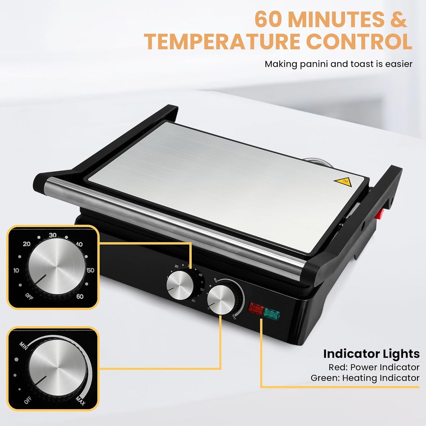 Pukomc Panini Grill Press,Sandwich Maker Press,Contact Grill, 1400W Non-Stick Grill, 60-Minute Timer, 180 Degrees Opening, Stainless Steel