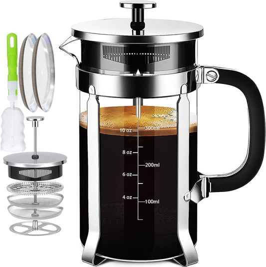 French Press Coffee Maker 304 Stainless Steel Coffee Press,with 4 Filters System, Heat Resistant Thickness Borosilicate French Press Glass, BPA-Free Brewed Tea Pot Coffee Plunger(Copper 12oz)