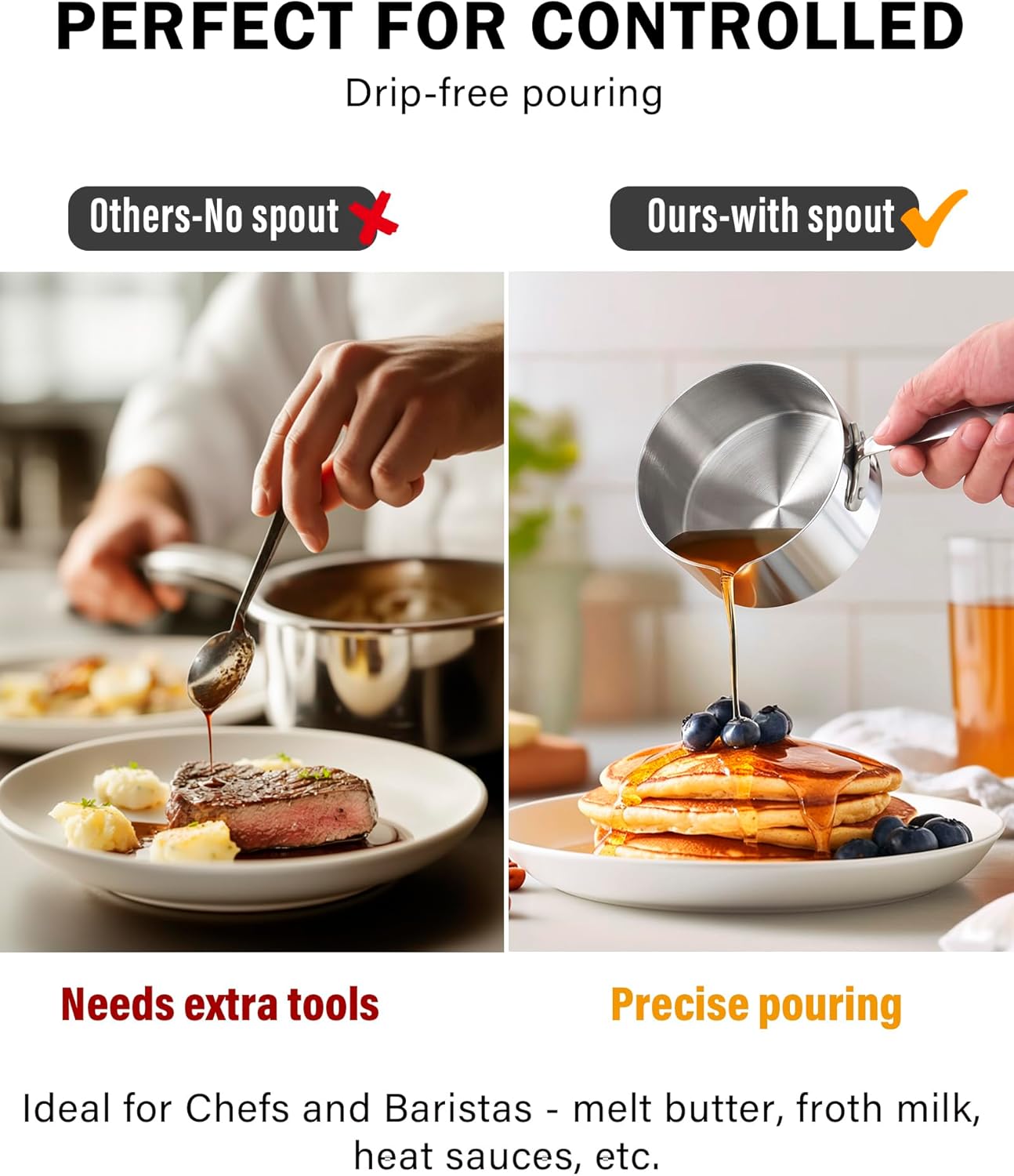 Cooks Standard Stainless Steel Butter Warmer 0.29 QT, Multi-Ply Clad Small Sauce Pan, 270ml Mini Butter Chocolate Milk Melting Pot with Pour Spout Cooking Pot ideal for Chefs, Baristas