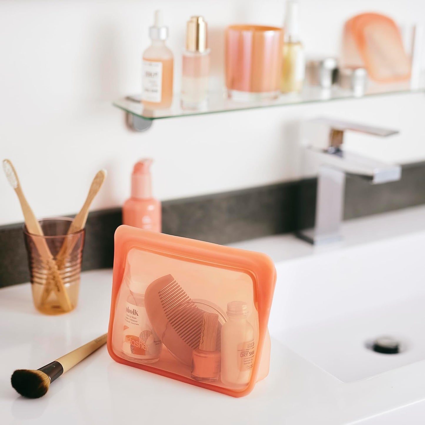 Stasher Premium Silicone Reusable Food Storage Stand-Up Mini Bag, Coral, Microwave, Sous Vide, Dishwasher, Oven and Freezer Safe, BPA Free, Leak-free, Eco-friendly, 28 Oz