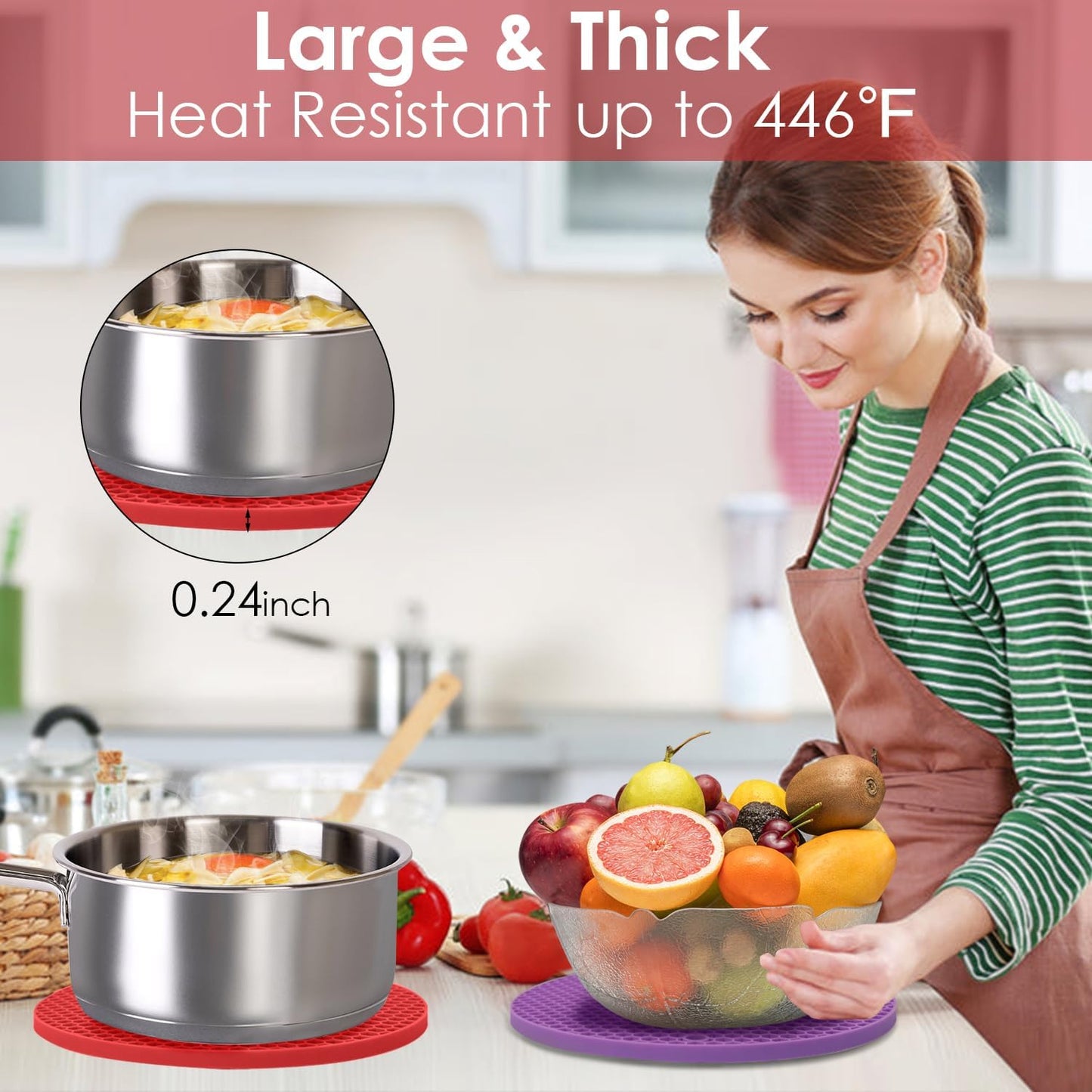 6 Pack Silicone Trivets for Hot Pots and Pans, 9" Colorful Silicone Trivet for Hot Dishes, Extra Large Non-Slip & Heat Resistant Hot Pads for Kitchen Counter(Colors)