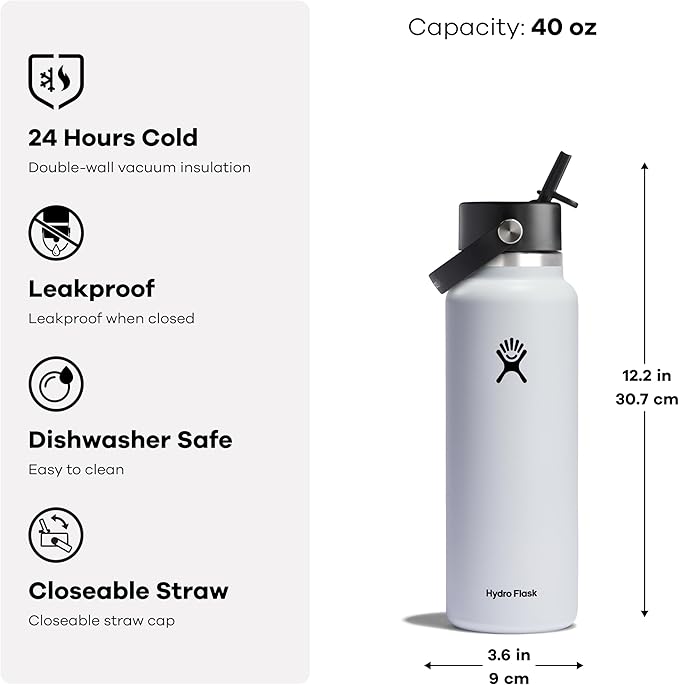 Hydro Flask Water Bottle - Insulated Stainless Steel - Wide Mouth Flex Straw Lid, Non Spill, Leakproof and Refillable in 40 Oz Stainless Steel Violet