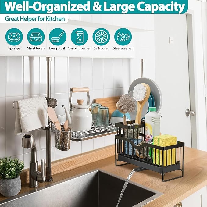 Generic Sink Caddy Organizer, Black Metal Kitchen Counter Sponge Holder with 360° Auto-Drain Tray, 9.8x3.9 Inch, 2-Compartment Storage for Cleaning Supplies