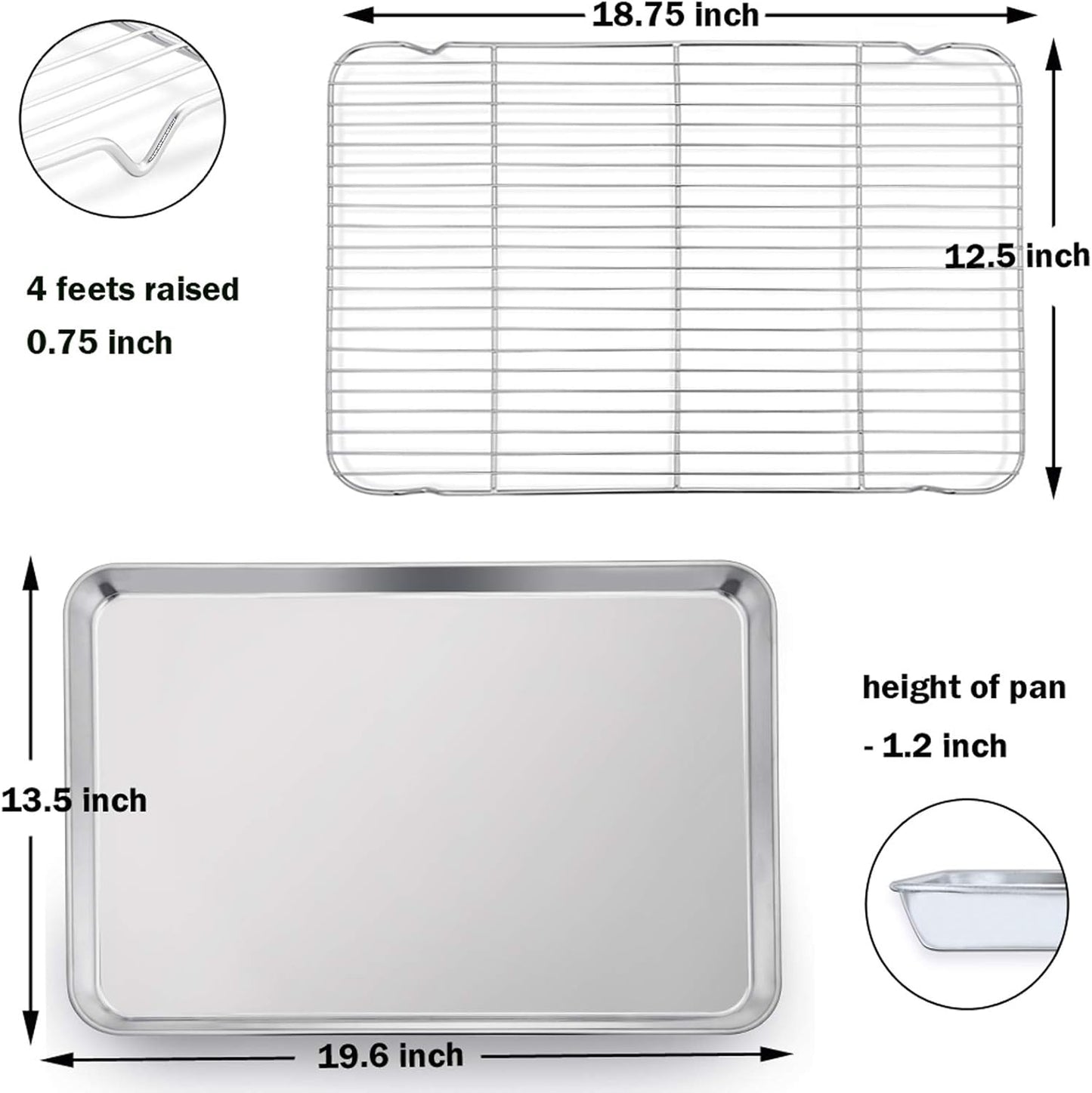 P&P CHEF 19.6 Inch Baking Sheet Pan with Rack Set, Stainless Steel Cookie Sheet Pan Tray with Cooling Rack for Oven Use, Cooking Roasting, Non Toxic & Dishwasher Safe, Heavy Duty