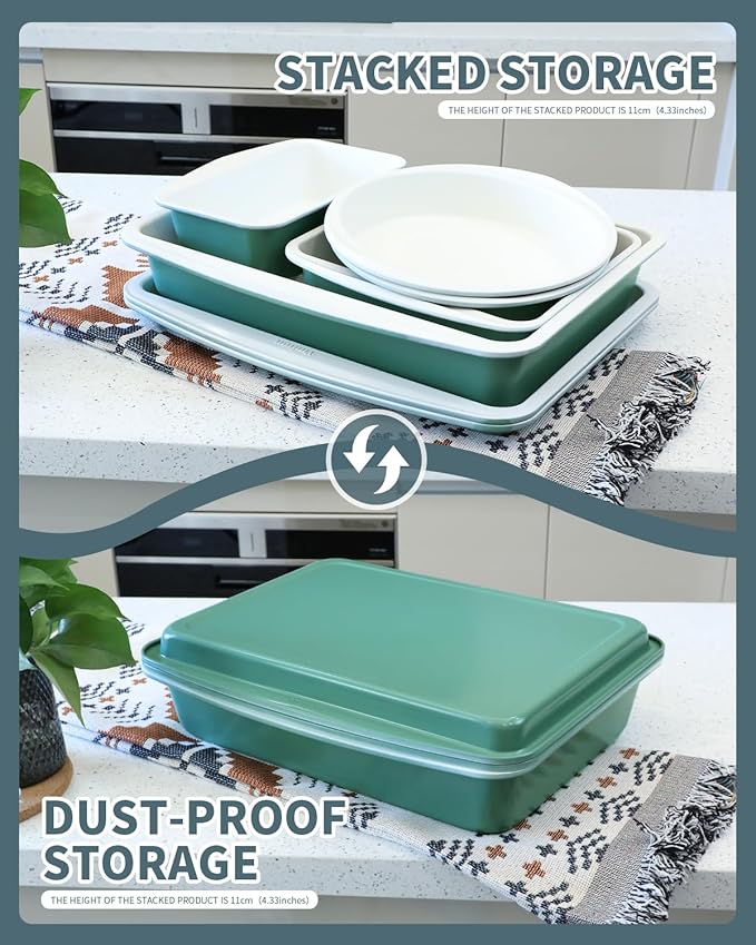 Ceramic Nonstick Baking Pans Set, Non Toxic 30 PCS Stackable Bakeware Sets, 550°F Oven Safe Baking Sheet & Pans, Warp-Free, Dishwasher Safe, PTFE/PFOA/PFOS-Free (Green)